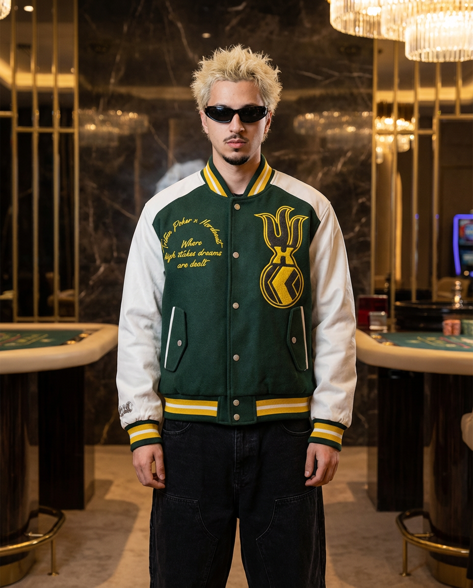 NU x TRITON "HIGH ROLLER" VARSITY JACKET | DARK GREEN